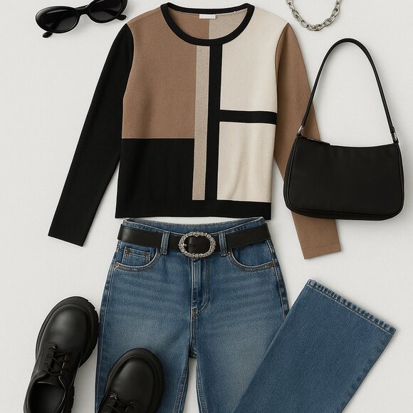 Investments II Women’s 2X Colorblock Long Sleeve Top Black Beige Tan - Picture 8 of 8